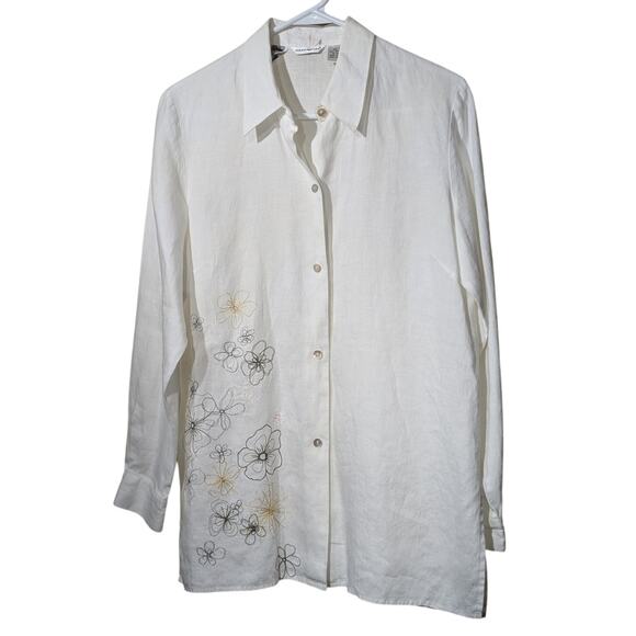 Vtg Richard Malcolm Irish Linen Ecru Embroidered Flowers Button Front Shirt Sz M - Picture 1 of 11